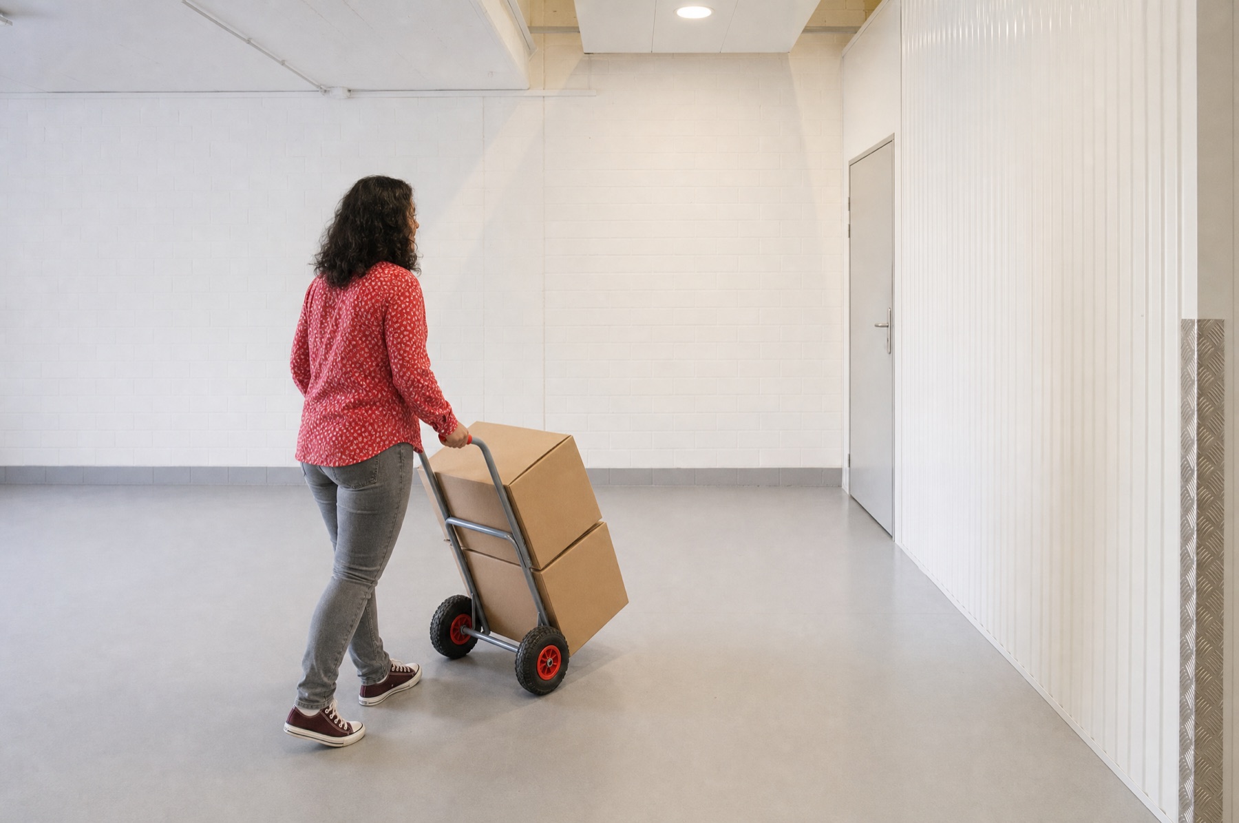 Kartons werden mit einer Sackkarre zum Lagerraum gebracht