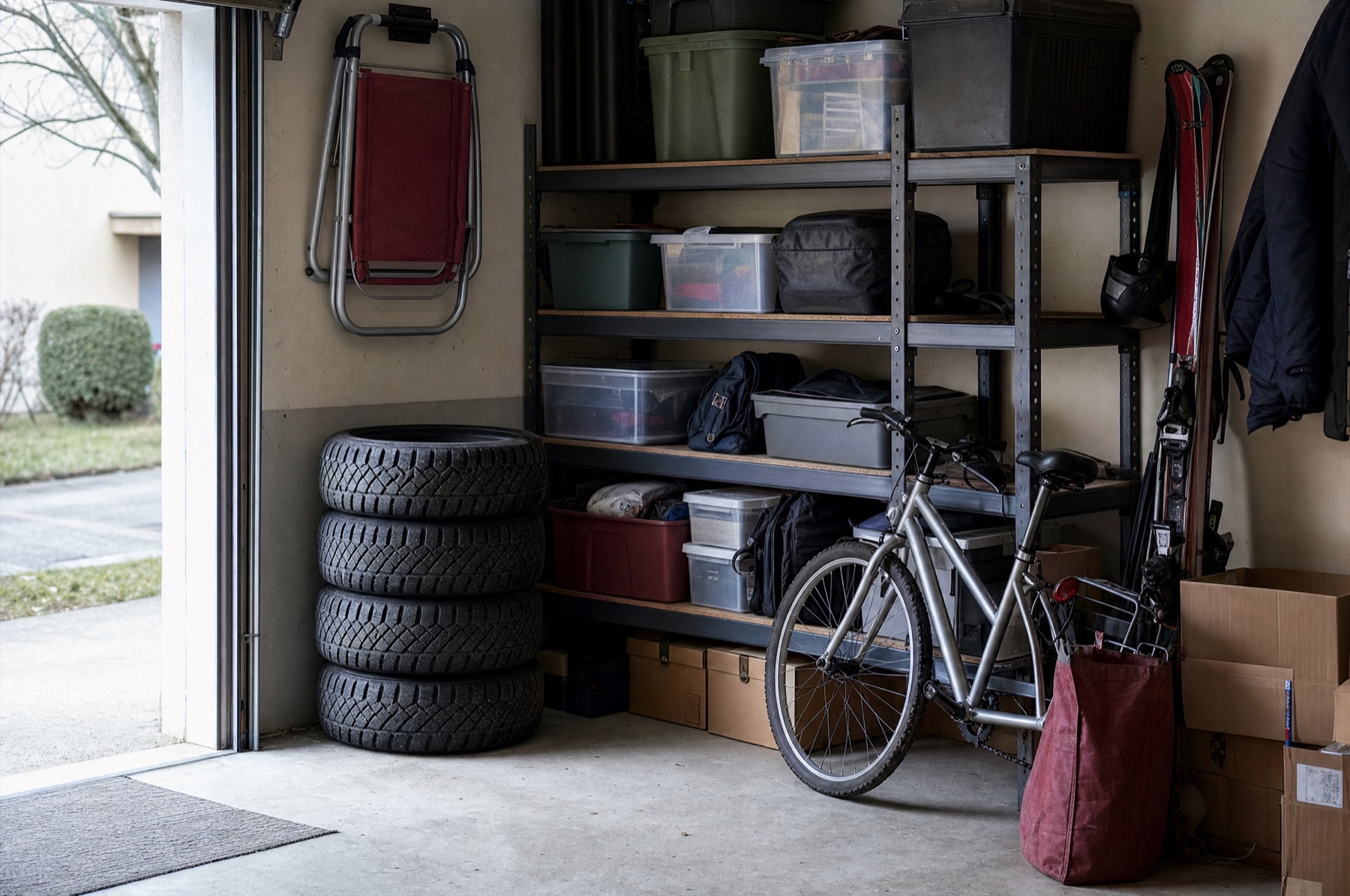Vollgestellte Garagenecke mit Regal, Reifen und Kartons